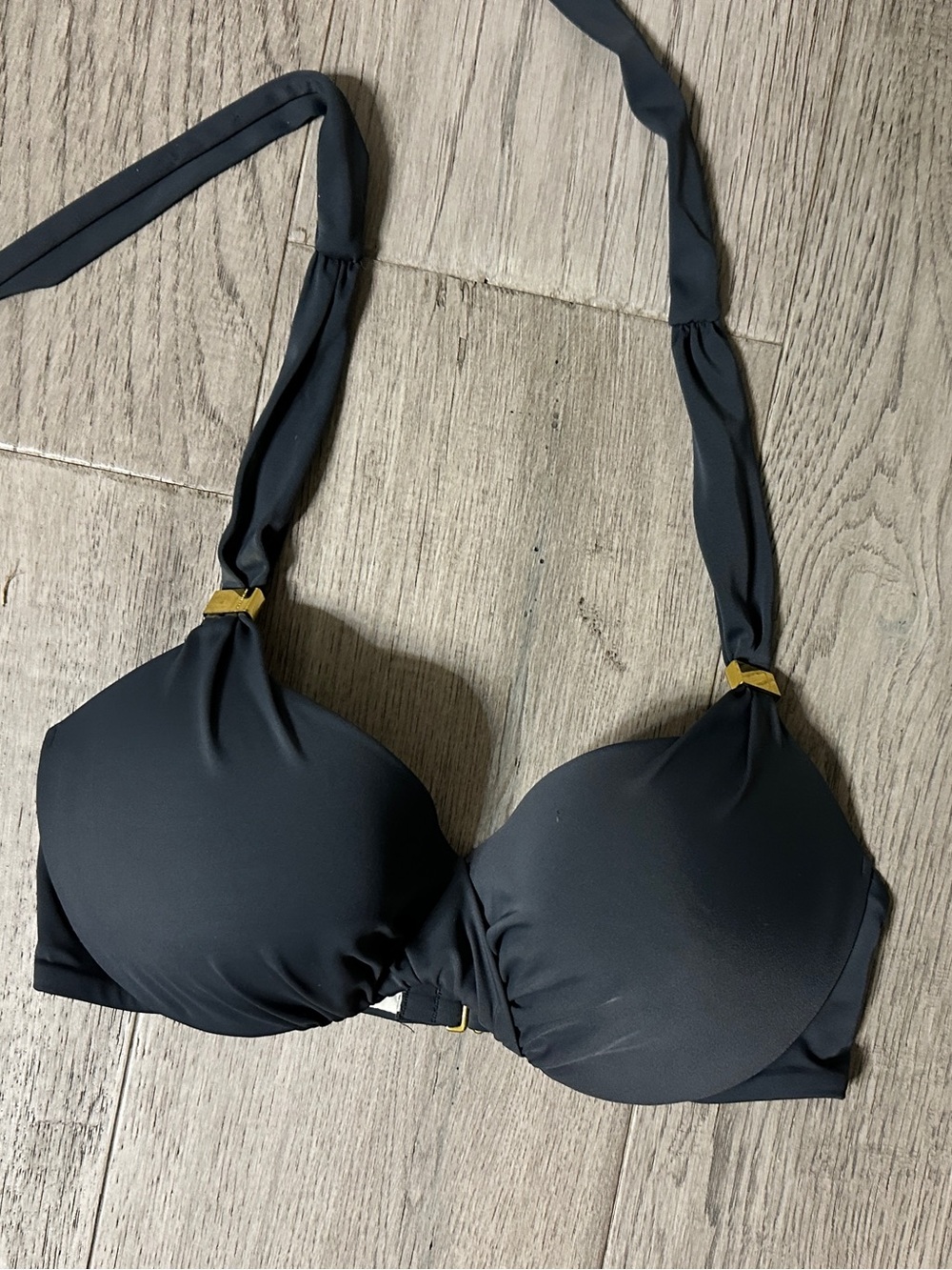Charcoal Grey Halter Bikini Top with Gold Accents